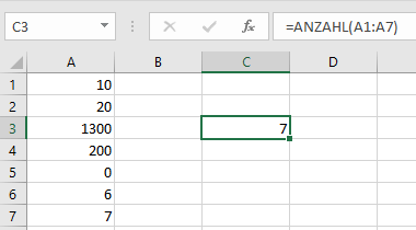 Excel-Tabelle mit Beispiel zur ANZAHL-Funktion