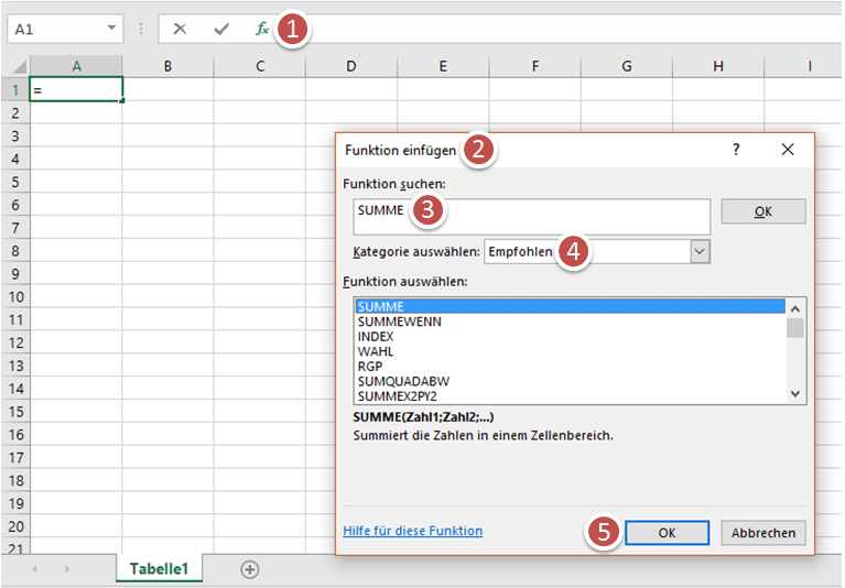 Excel-Funktionsassistent zum Einfügen einer Formel