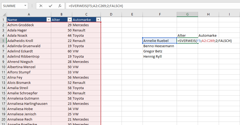 Excel-Tabelle mit Suchwert für die SVERWEIS-Funktion