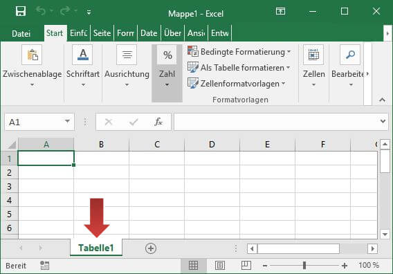 Excel-Arbeitsmappe mit markiertem Tabellenblatt-Reiter