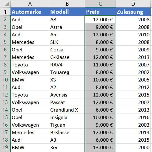 Excel-Tabelle mit markiertem Bereich für bedingte Formatierung