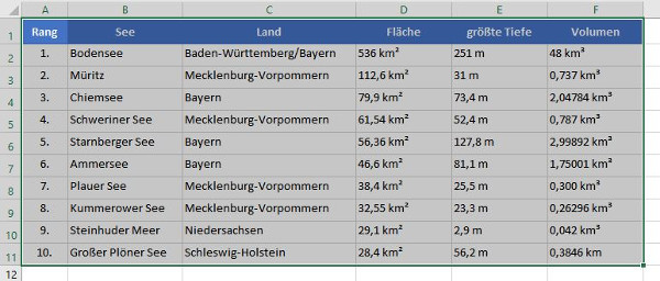 Excel-Tabelle mit markiertem Zellbereich zum Kopieren