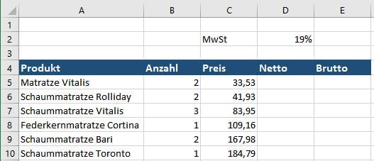 Excel-Tabelle mit Formel und Zellbezügen