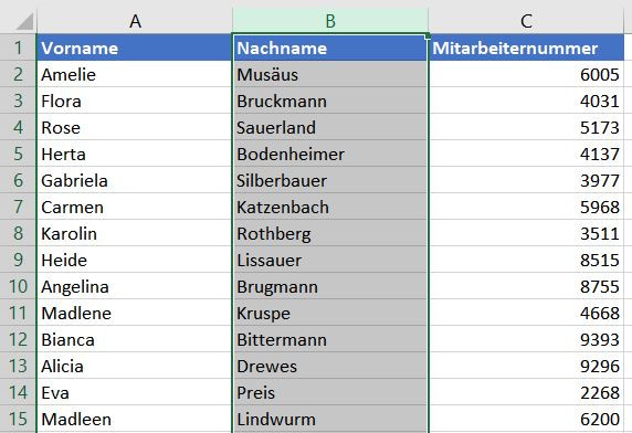 Excel-Tabelle mit Datenspalte zum Sortieren
