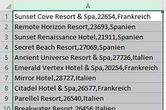 Excel-Tabelle mit Textwerten vor dem Aufteilen in Spalten
