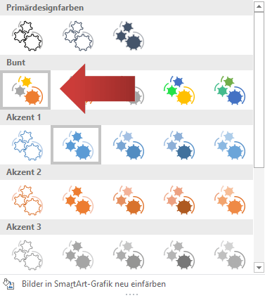 SmartArt in PowerPoint Auswahl im Menü mit Farbvorlagen